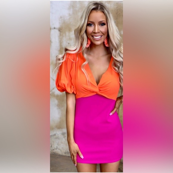 Orange & Magenta Colorblock Puff Sleeve Knot Front Pencil Skirt Bodycon Dress S - Picture 1 of 11